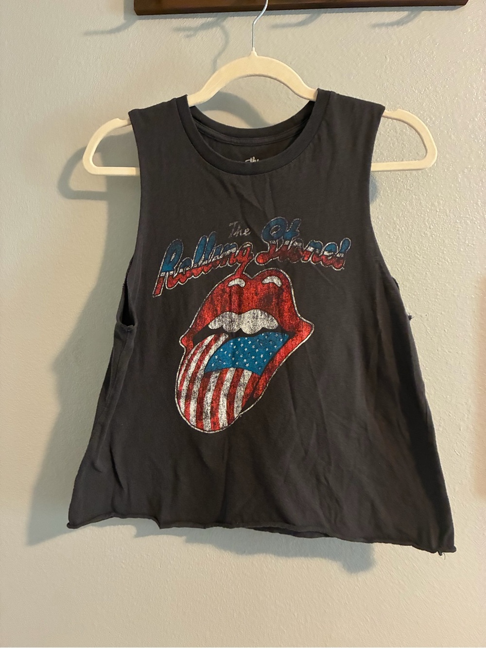 Rolling Stones Black Womens cropped Graphic Tank with Red, White & Blue Tongue